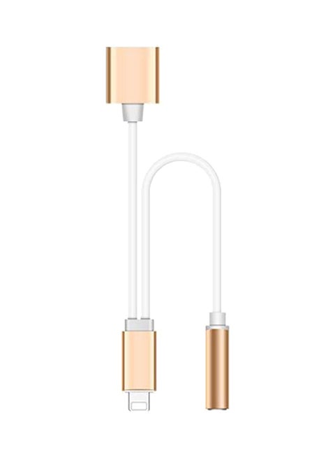 2-In-1 Audio Adapter Lightning Cable For Apple iPhone Gold/White