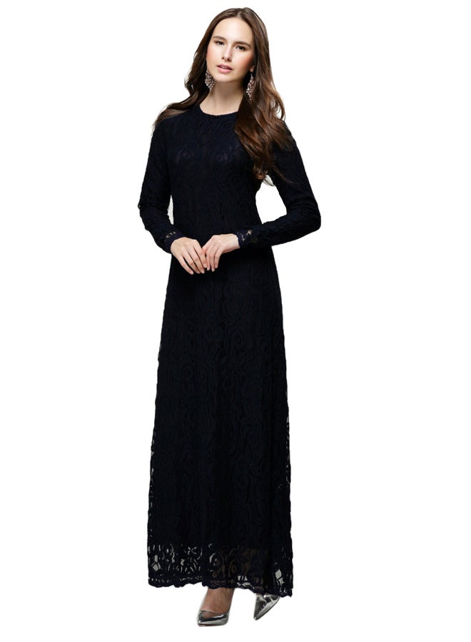Embroidered Net Long Sleeve Dress Navy  - Image 1