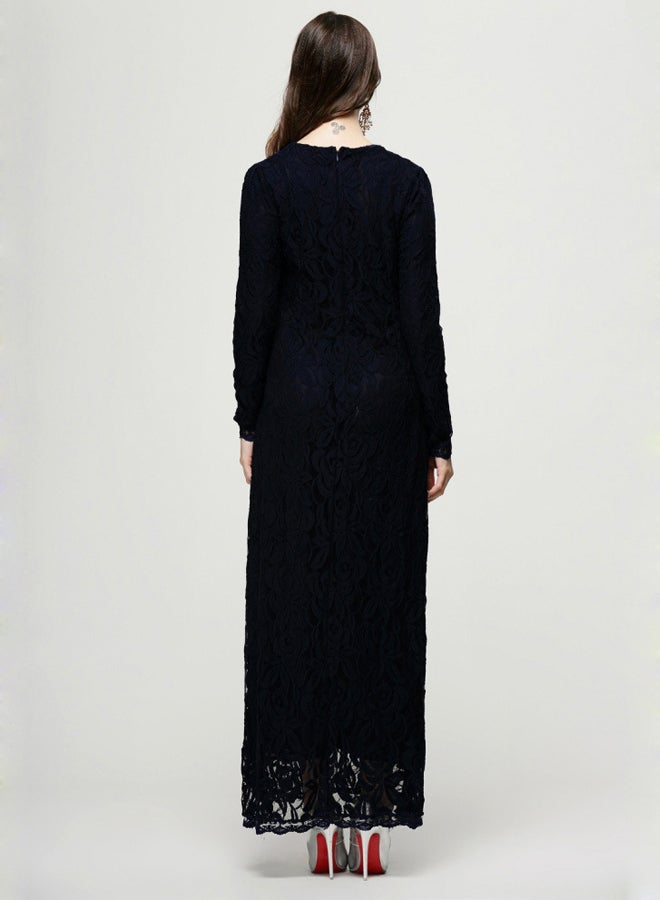 Embroidered Net Long Sleeve Dress Navy  - Image 2