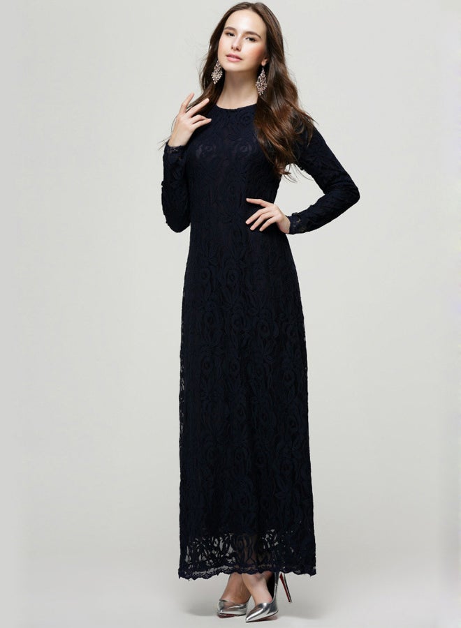 Embroidered Net Long Sleeve Dress Navy  - Image 3