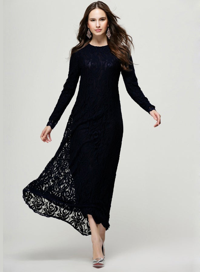 Embroidered Net Long Sleeve Dress Navy  - Image 4