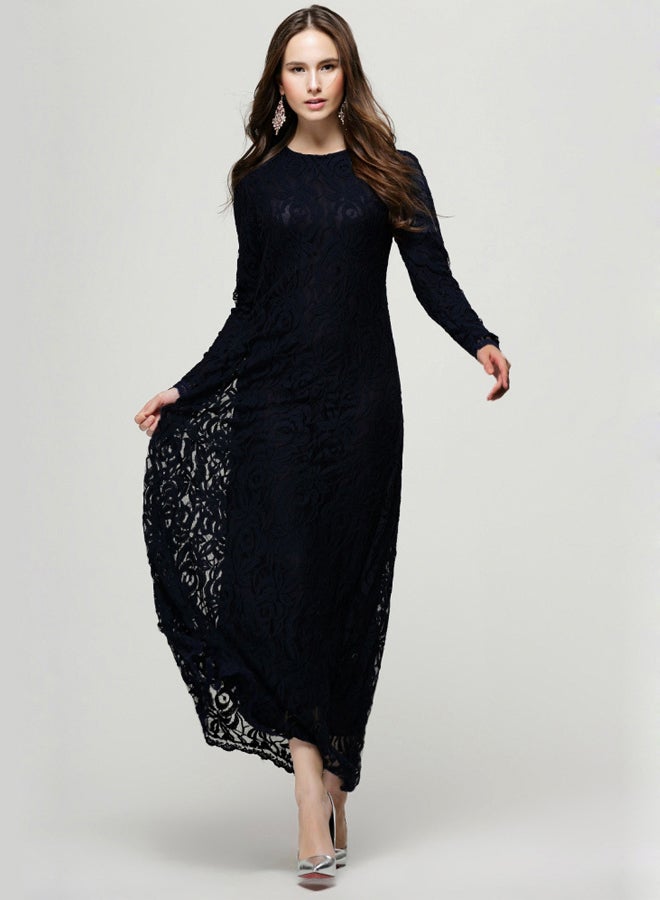 Embroidered Net Long Sleeve Dress Navy  - Image 5