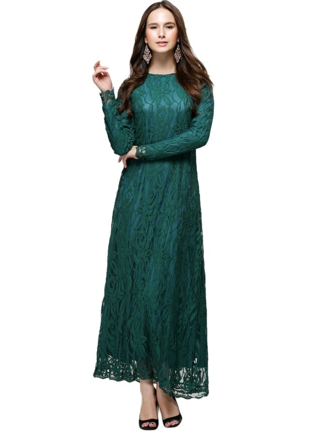 Embroidered Net Long Sleeve Dress Green  - Image 1