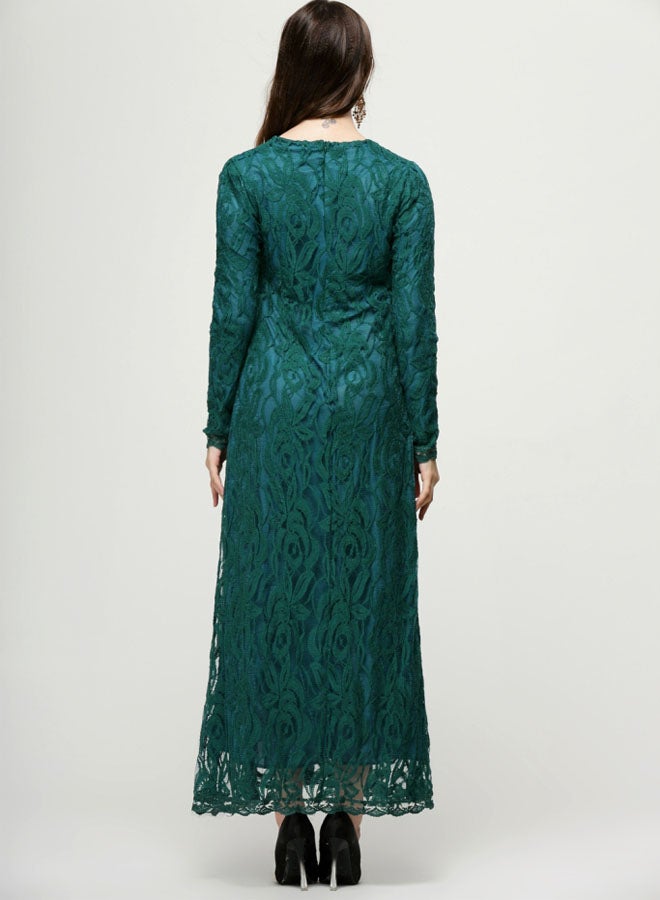 Embroidered Net Long Sleeve Dress Green  - Image 2