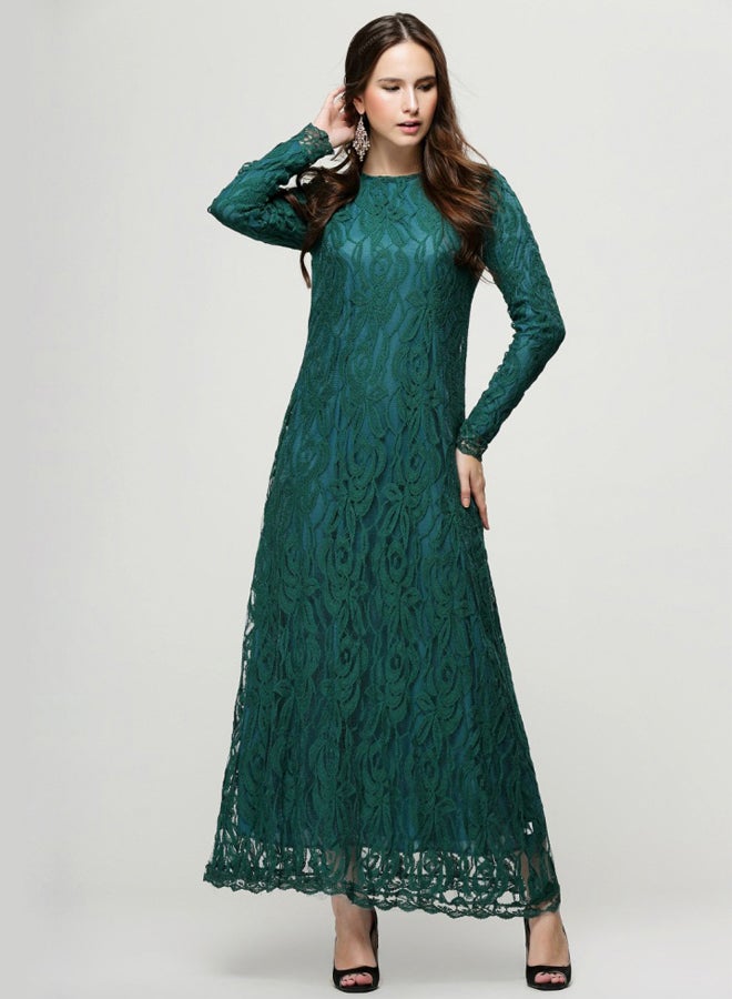 Embroidered Net Long Sleeve Dress Green  - Image 3