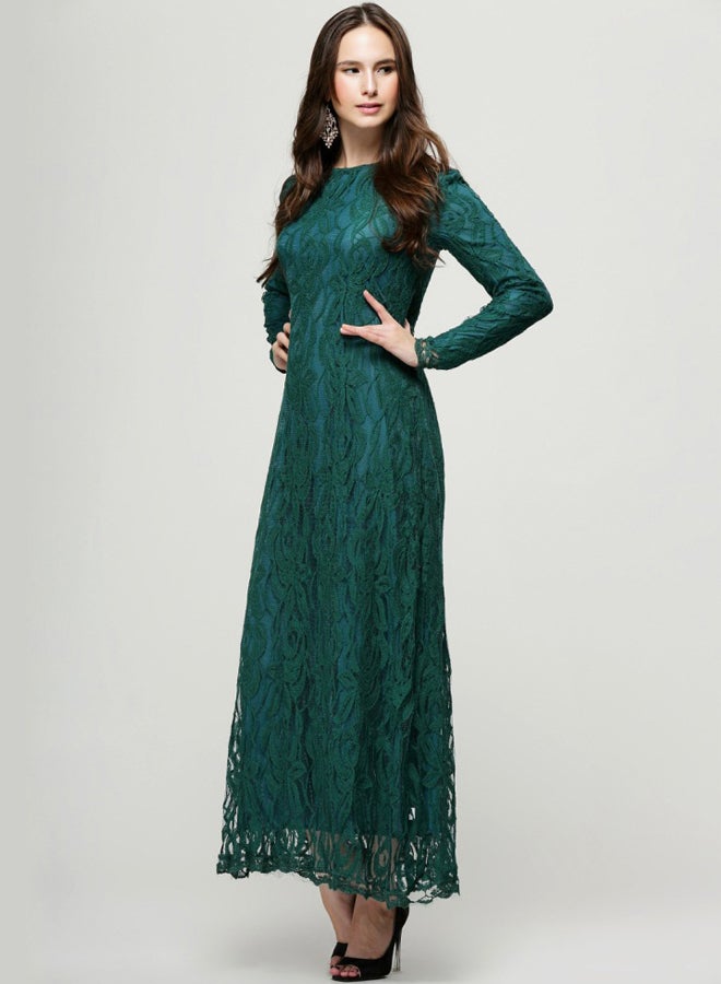 Embroidered Net Long Sleeve Dress Green  - Image 4