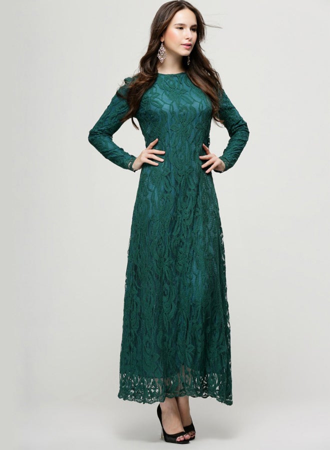 Embroidered Net Long Sleeve Dress Green  - Image 5