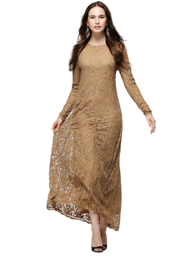 ماركة غير محددة - فستان شبكي بأكمام طويلة مطرزة بني - Image 1