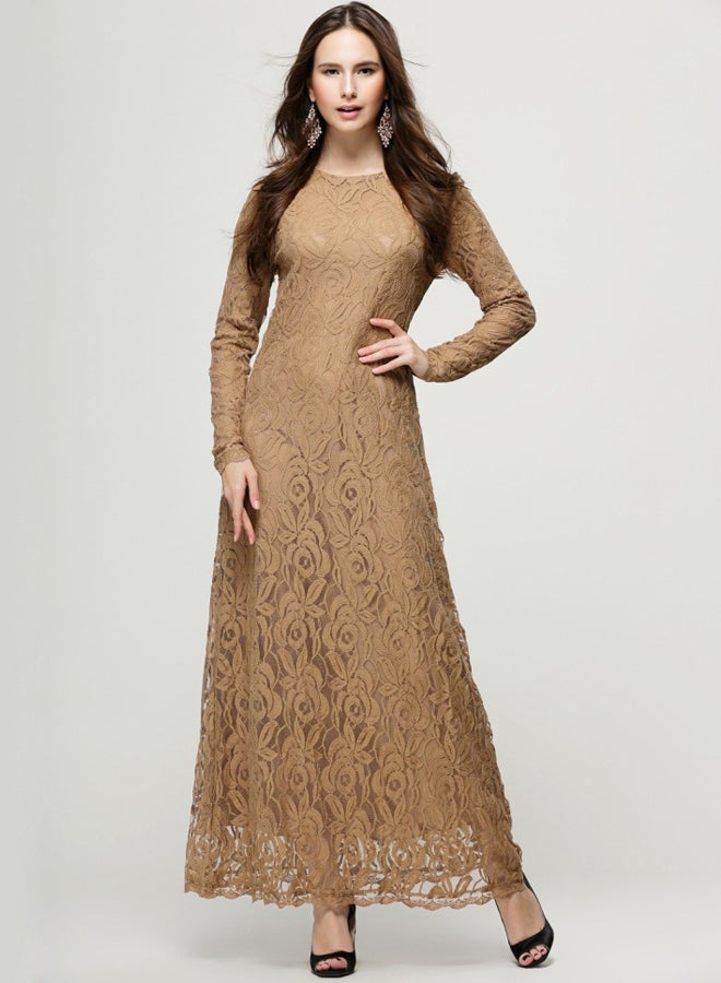 ماركة غير محددة - فستان شبكي بأكمام طويلة مطرزة بني - Image 1