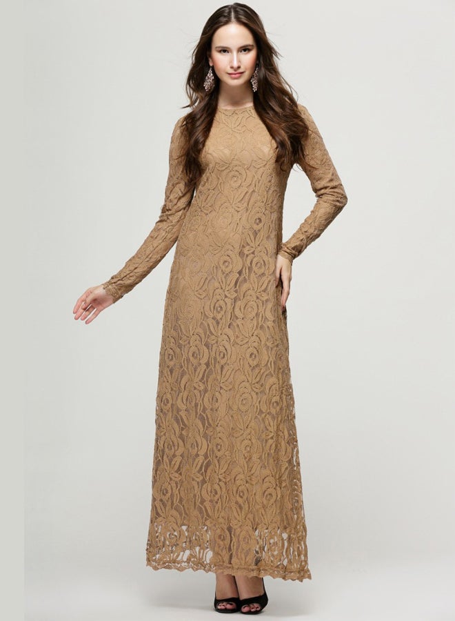 ماركة غير محددة - فستان شبكي بأكمام طويلة مطرزة بني - Image 1