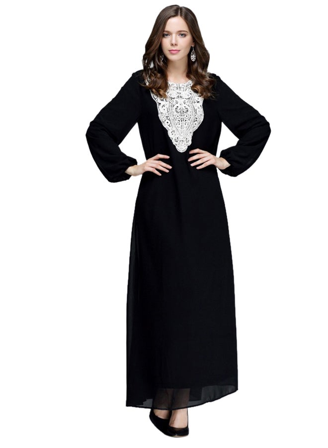 فستان مُطرز بأكمام طويلة كحلي/أبيض - Image 1