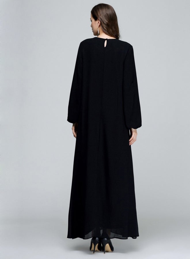 فستان مُطرز بأكمام طويلة كحلي/أبيض - Image 2