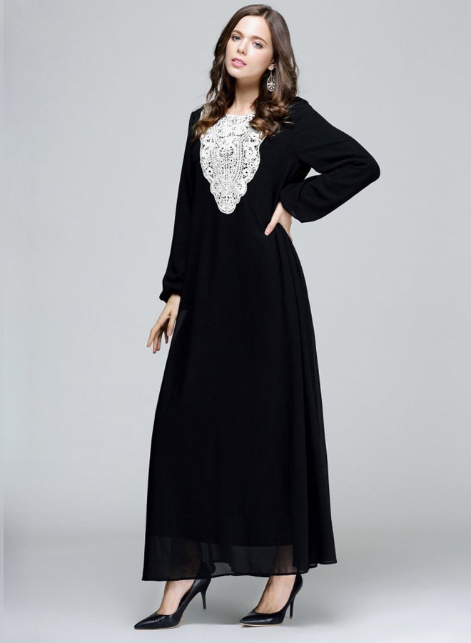 فستان مُطرز بأكمام طويلة كحلي/أبيض - Image 3