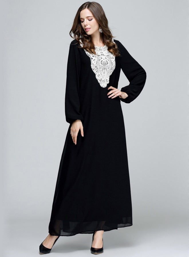 فستان مُطرز بأكمام طويلة كحلي/أبيض - Image 4