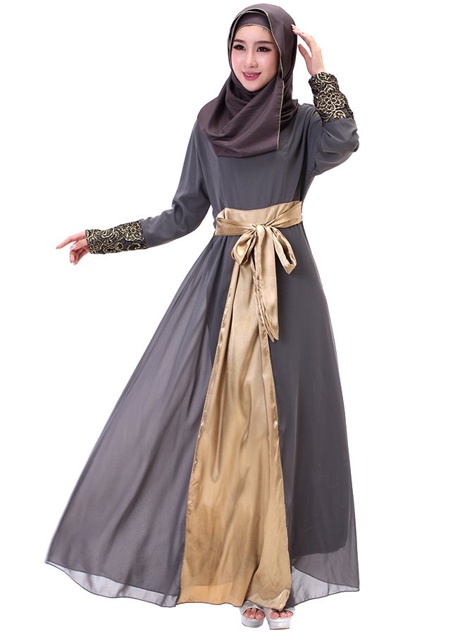 فستان بأكمام طويلة رمادي/ذهبي - Image 1