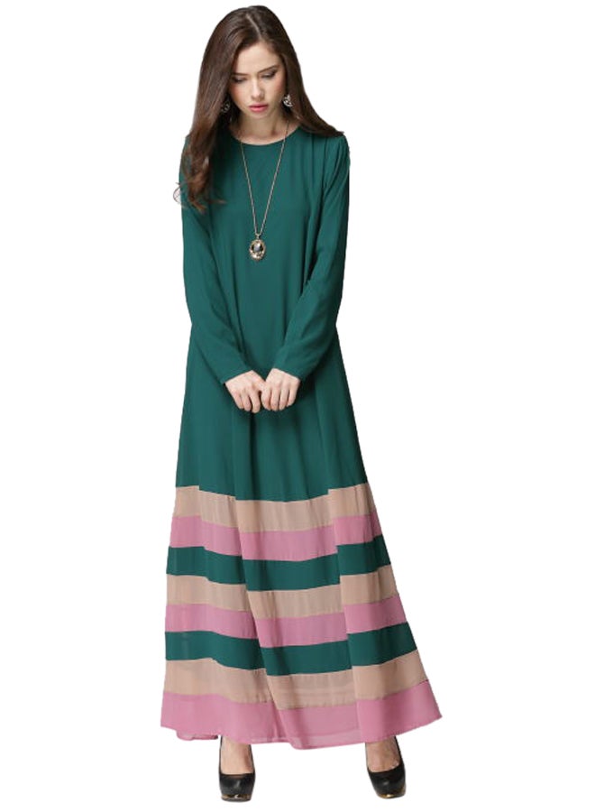 Long Sleeve Islamic Dress Green/Pink/Beige - Image 1