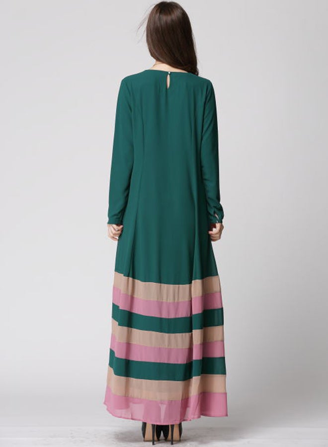 Long Sleeve Islamic Dress Green/Pink/Beige - Image 2