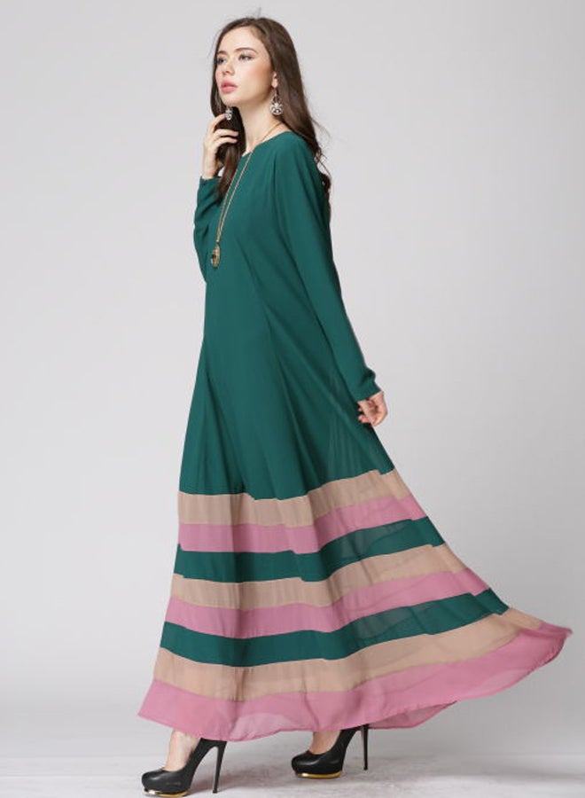 Long Sleeve Islamic Dress Green/Pink/Beige - Image 3