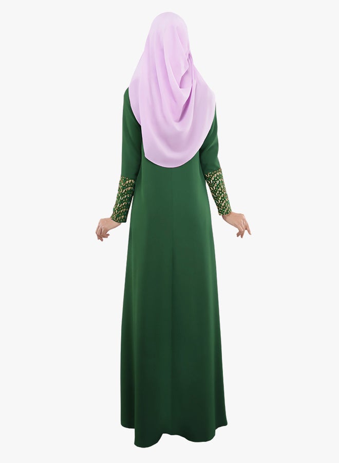 Long Sleeve Islamic Abaya Green/Beige/Gold - Image 2