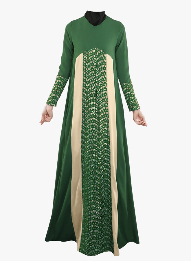 Long Sleeve Islamic Abaya Green/Beige/Gold - Image 3
