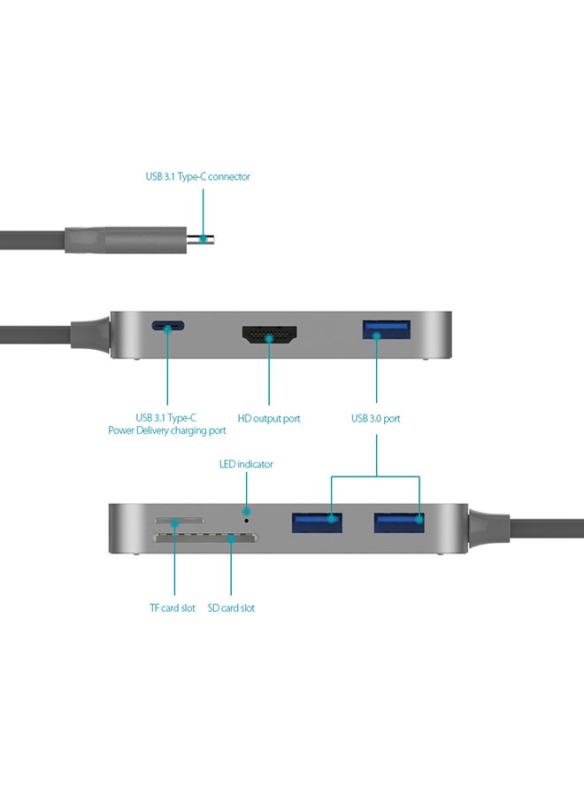 dodocool - 7-In-1 USB-C Hub With Type-C Power Delivery 4K Video HD Grey - Image 1