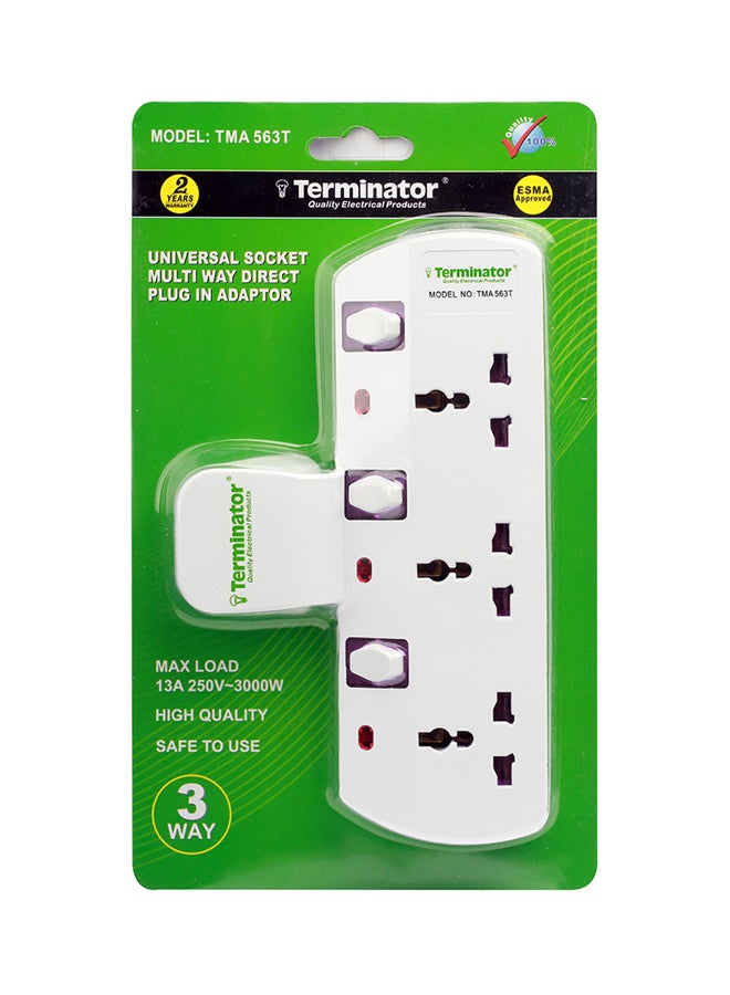 Terminator 3-Way Universal Socket T-Type Multi Adaptor White  - Image 2