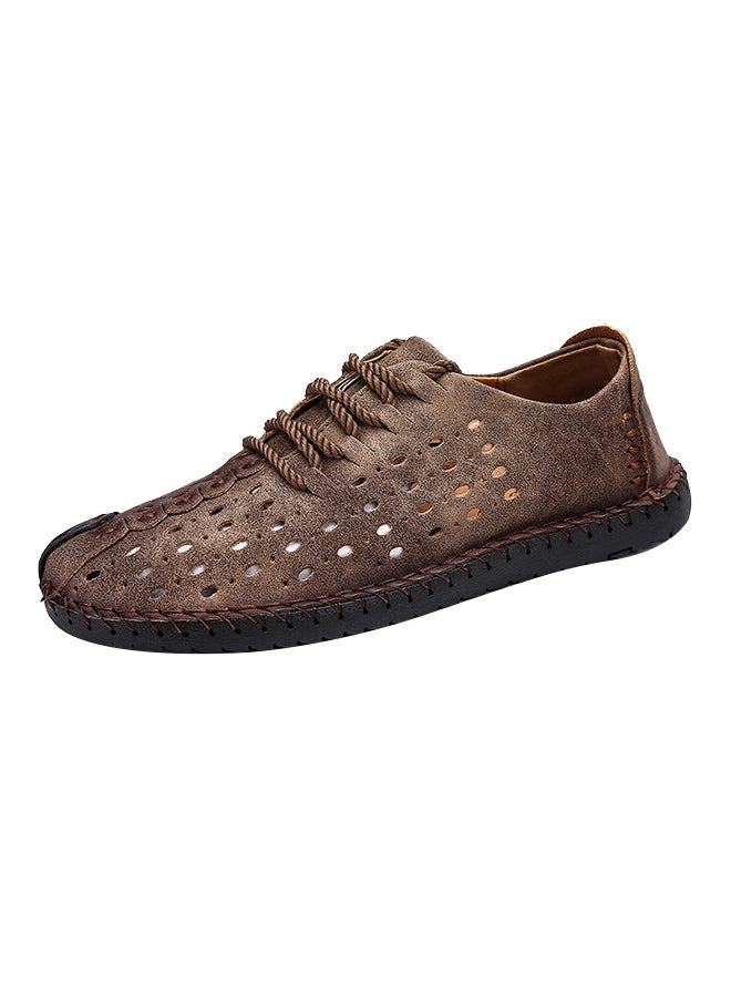 Cut Out Leather Lace Up Shoes Khaki  - Image 1