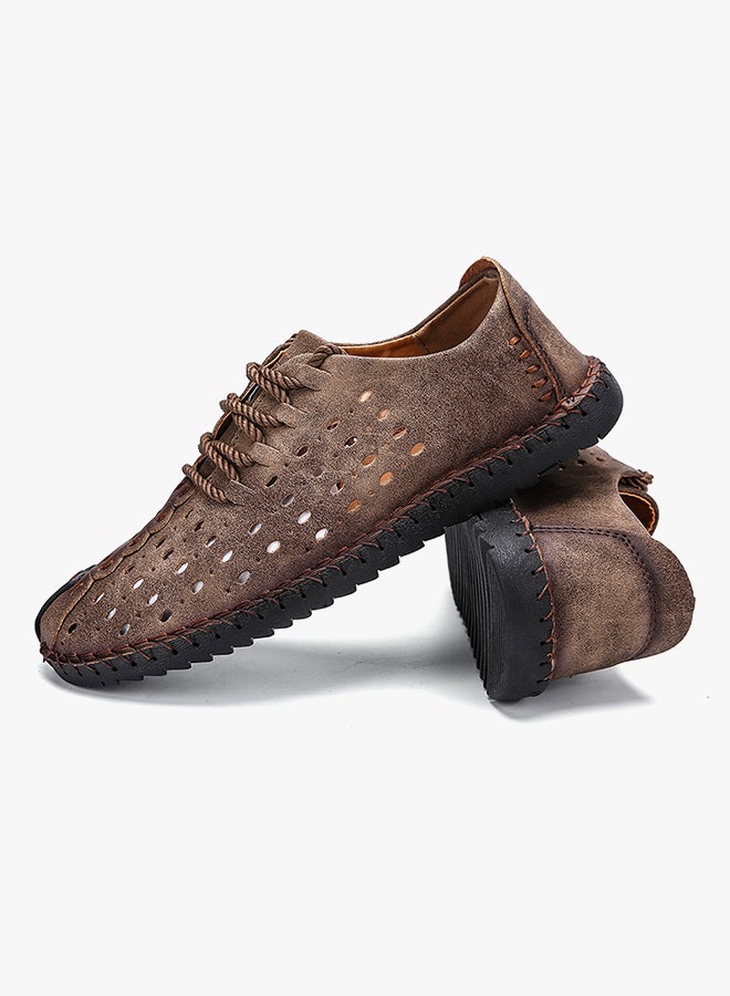 Cut Out Leather Lace Up Shoes Khaki  - Image 4