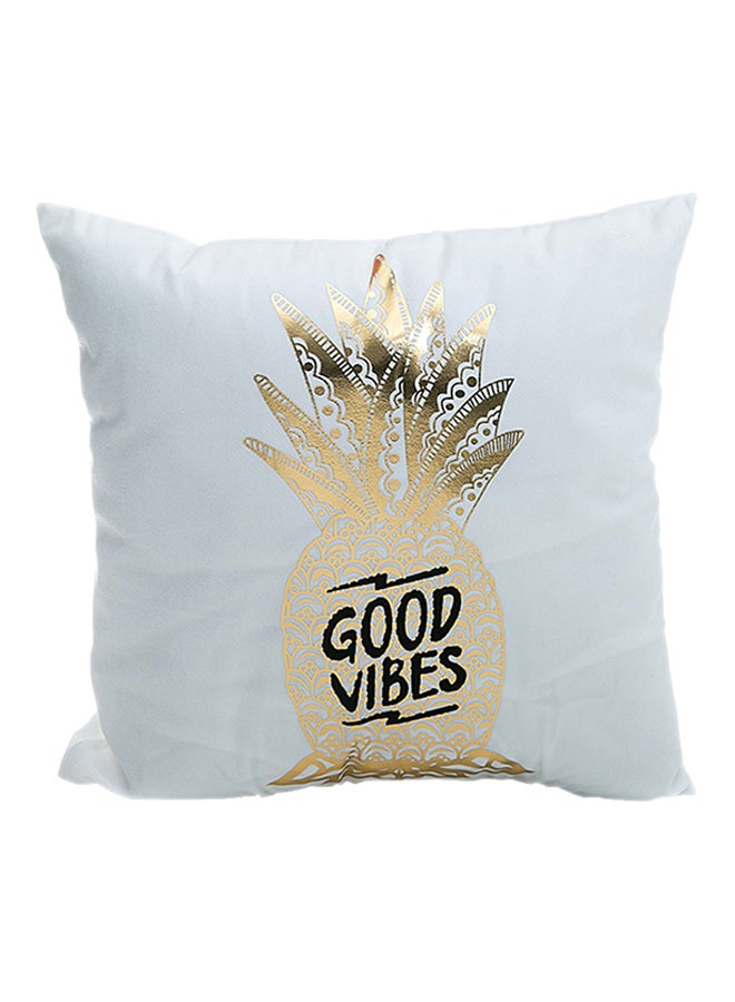 ANSELF Cotton Blend Washable Good Vibes Printed Square Decorative Cushion Cover Gold/White 45x45centimeter