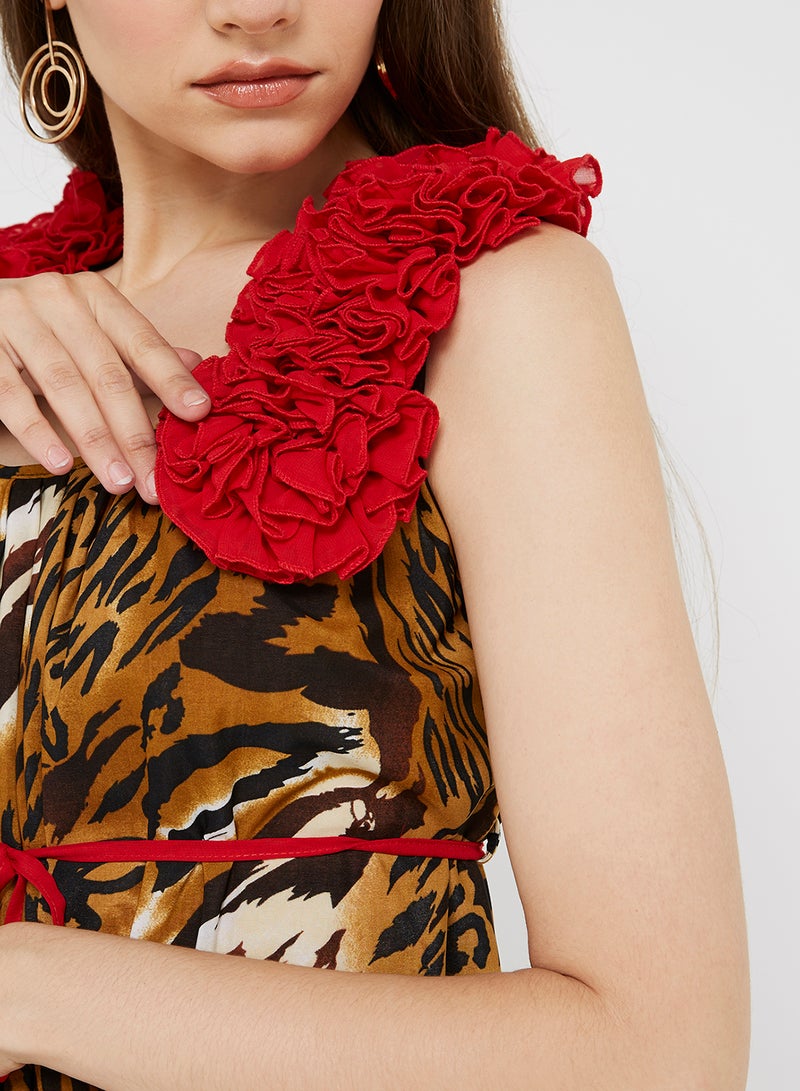 Golden Apple Frill Detailed Mini Dress Red/Black/Brown  - Image 4