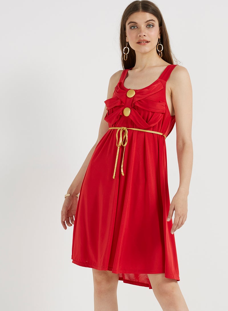 Golden Apple Button Detailed Solid Mini Dress Red  - Image 1