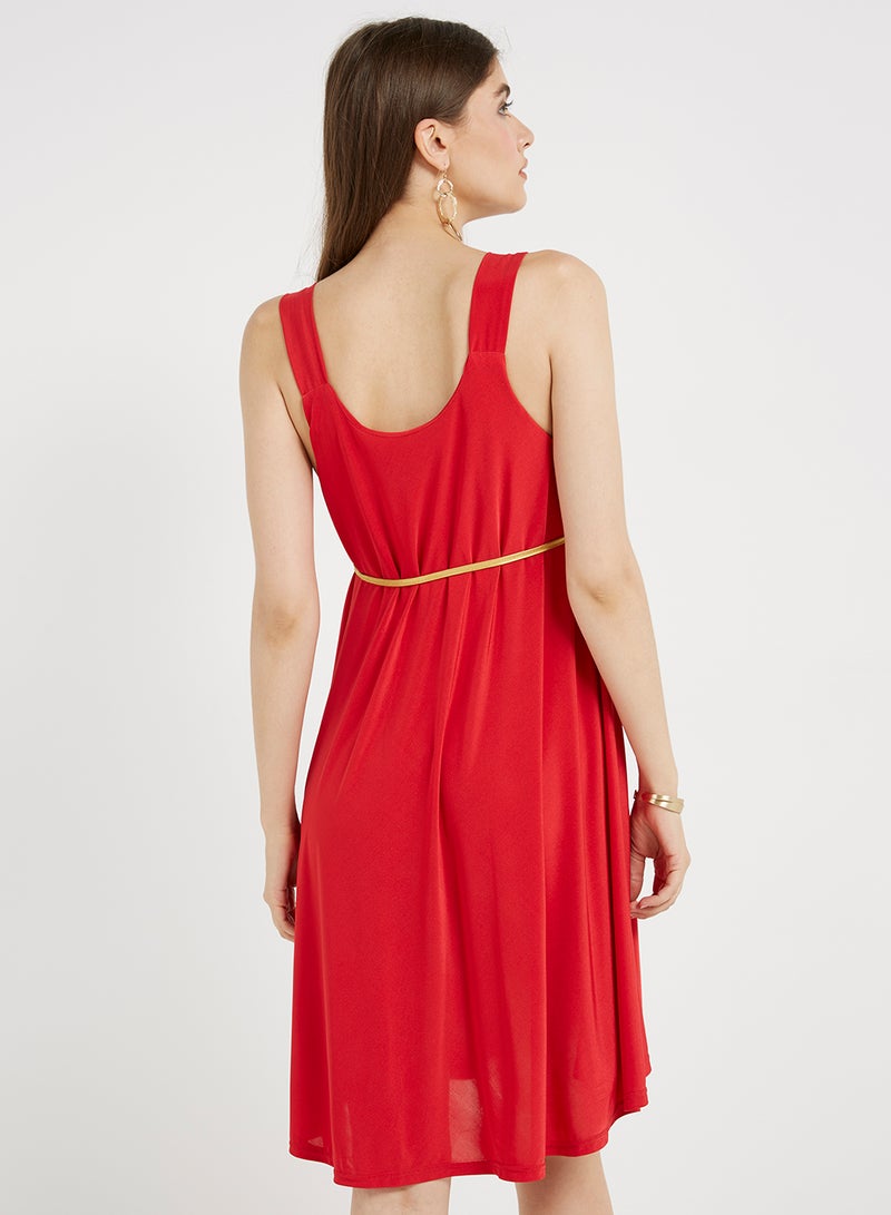Golden Apple Button Detailed Solid Mini Dress Red  - Image 2