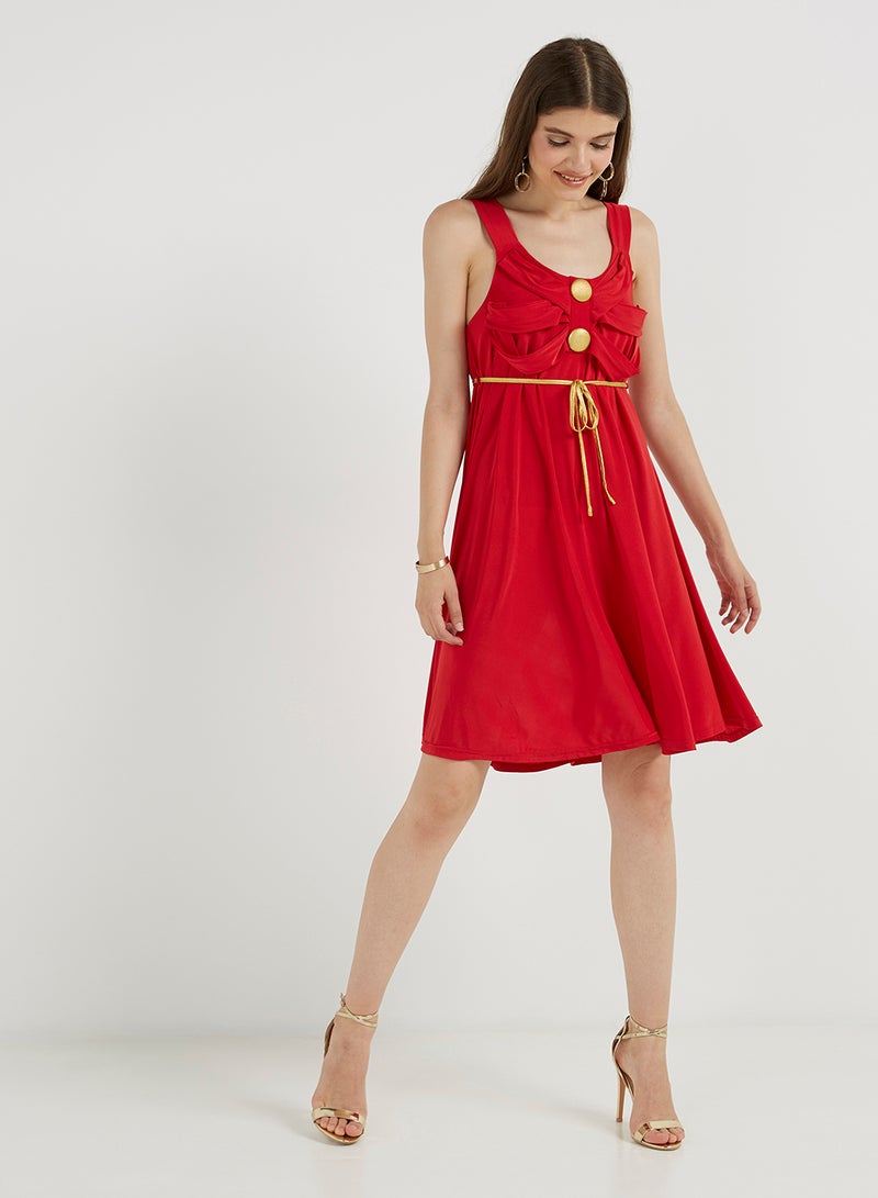 Golden Apple Button Detailed Solid Mini Dress Red  - Image 3