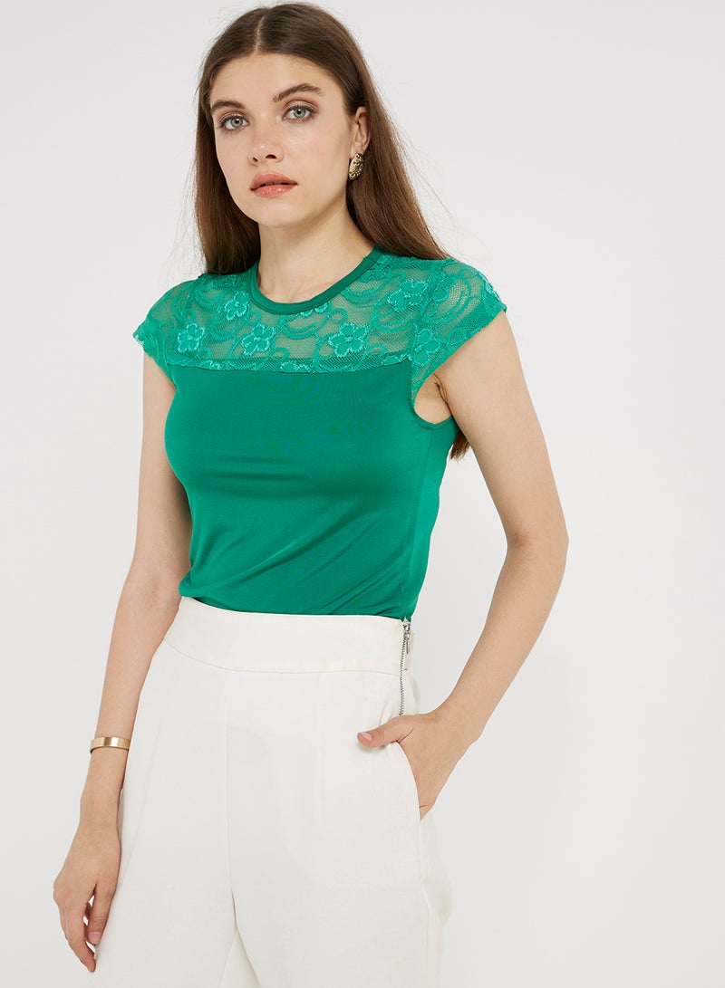 Golden Apple Crew Neck Lace Yoke Top Green  - Image 1