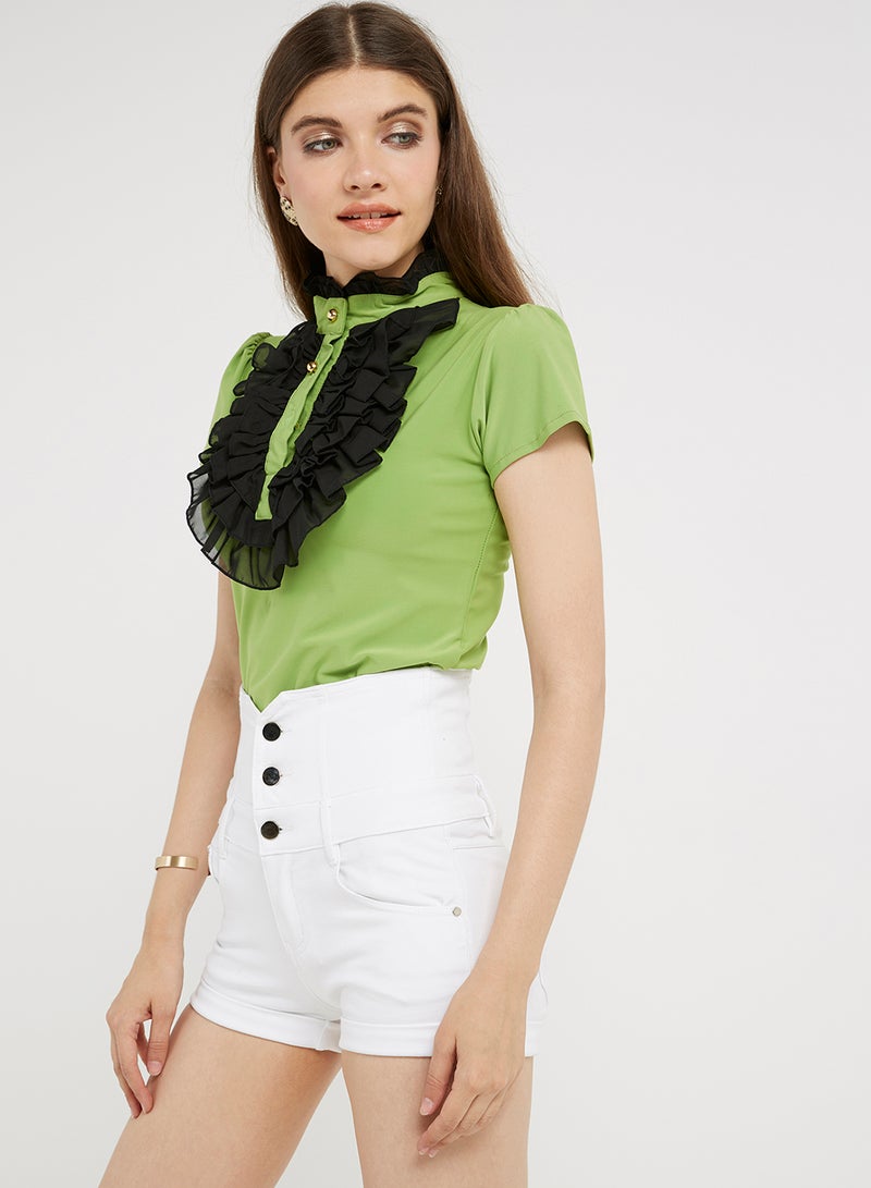 Golden Apple Frill Detail Short Sleeves Blouse Green/Black  - Image 1