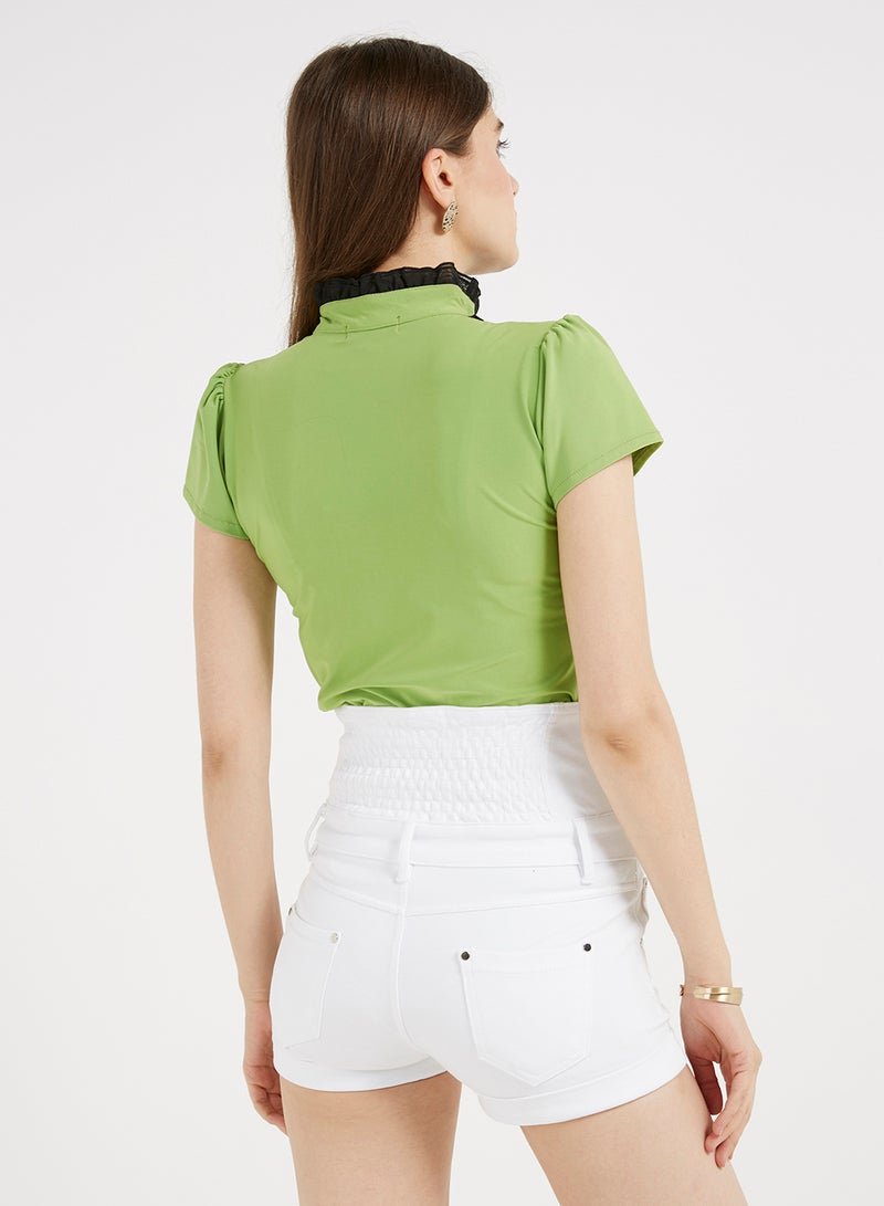 Golden Apple Frill Detail Short Sleeves Blouse Green/Black  - Image 2