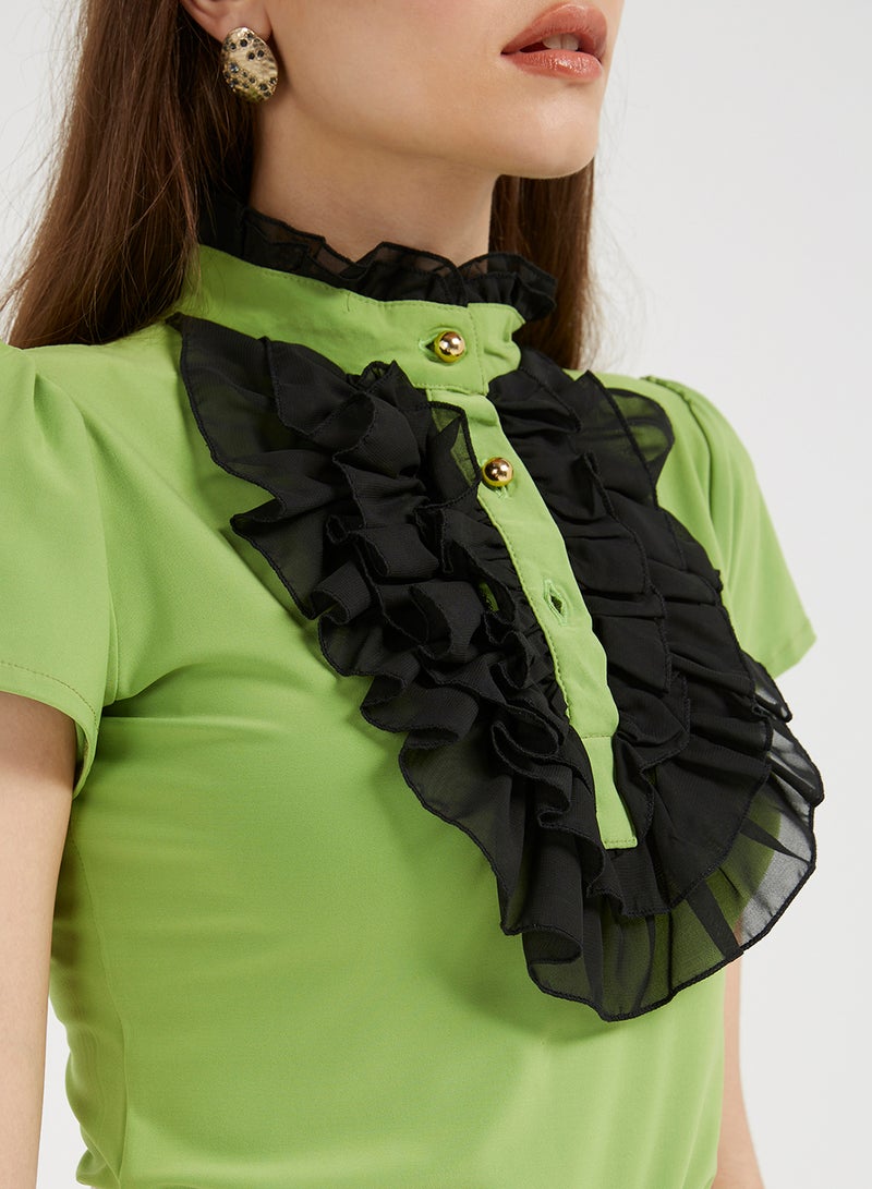 Golden Apple Frill Detail Short Sleeves Blouse Green/Black  - Image 4