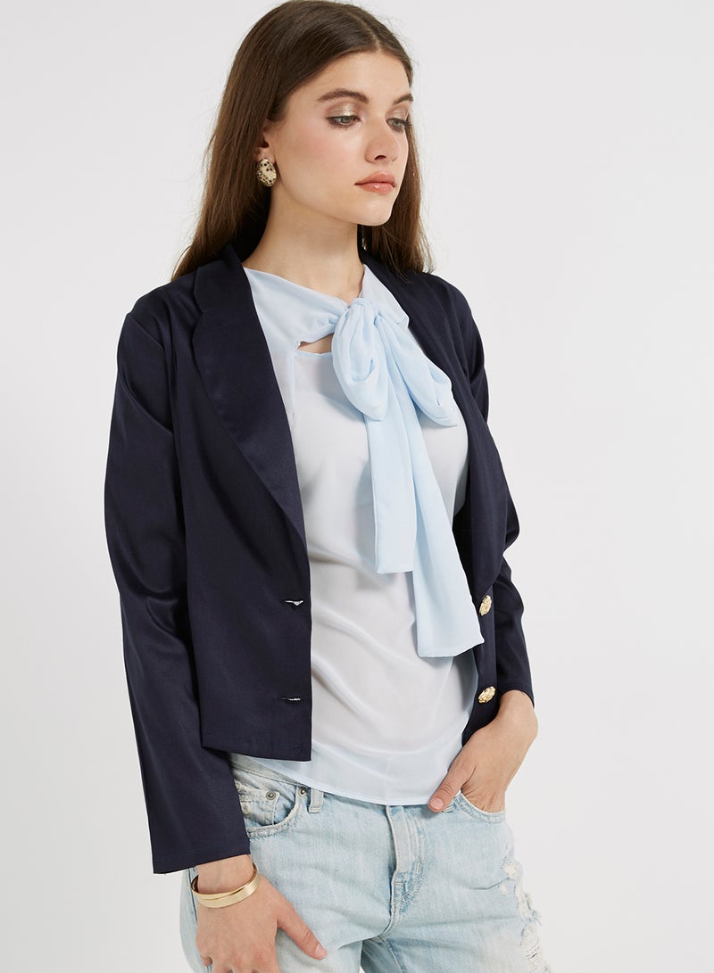 Golden Apple Solid Two Buttons Blazer Navy Blue  - Image 1