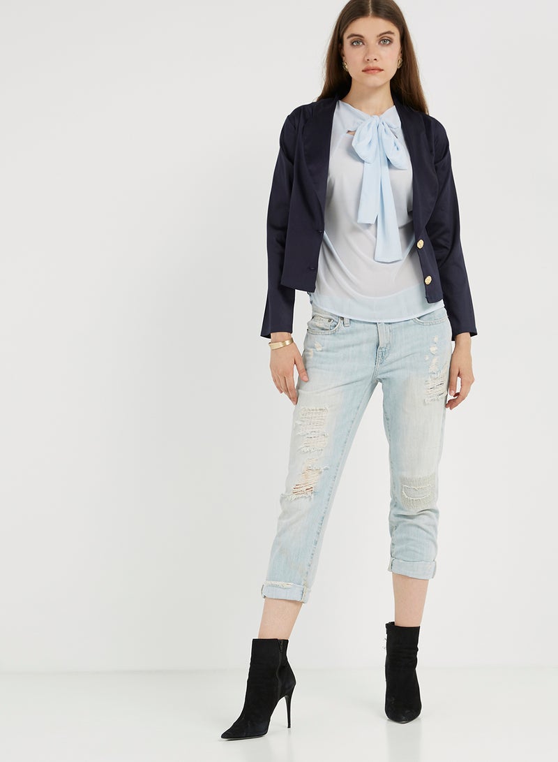 Golden Apple Solid Two Buttons Blazer Navy Blue  - Image 3