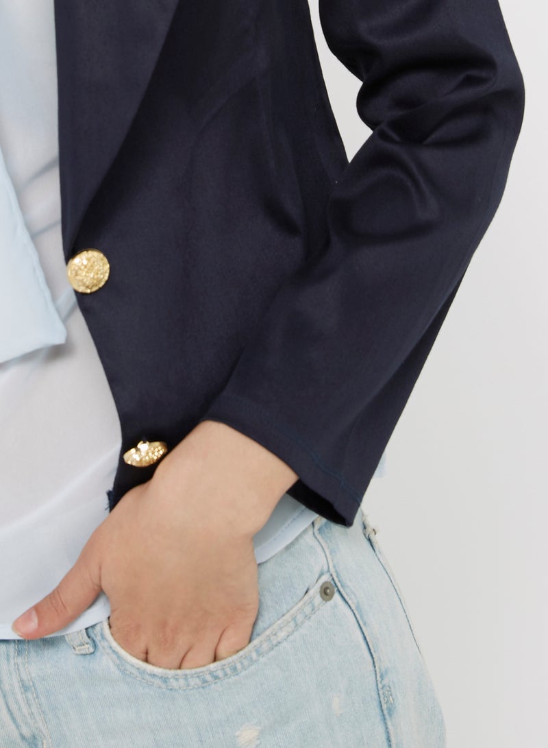 Golden Apple Solid Two Buttons Blazer Navy Blue  - Image 4