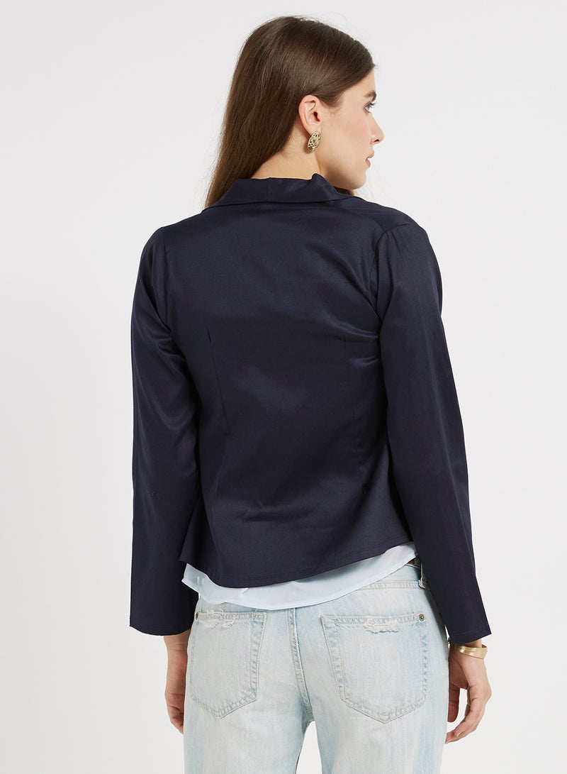 Golden Apple Solid Two Buttons Blazer Navy Blue  - Image 2