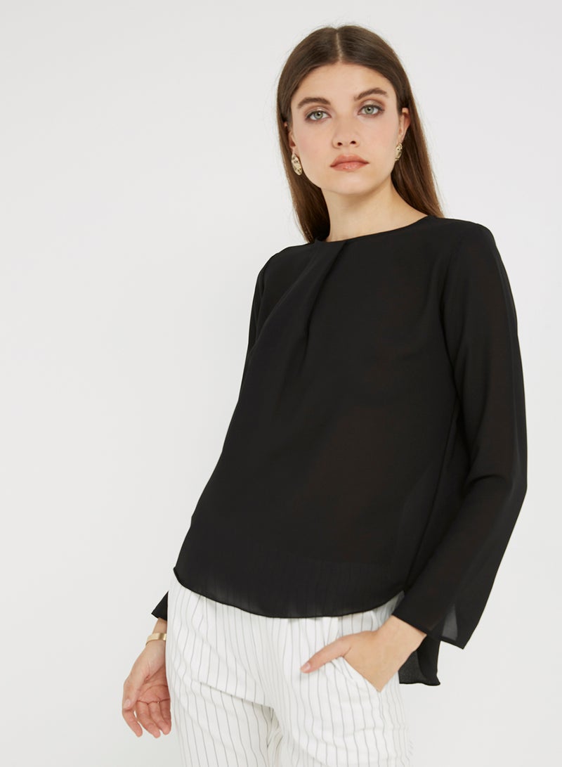 Golden Apple Chiffon Solid Long Sleeves Blouse Black  - Image 1