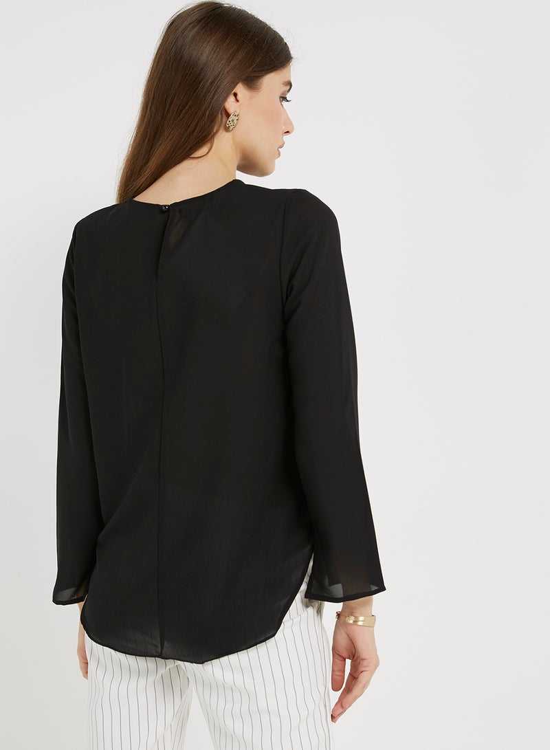 Golden Apple Chiffon Solid Long Sleeves Blouse Black  - Image 2