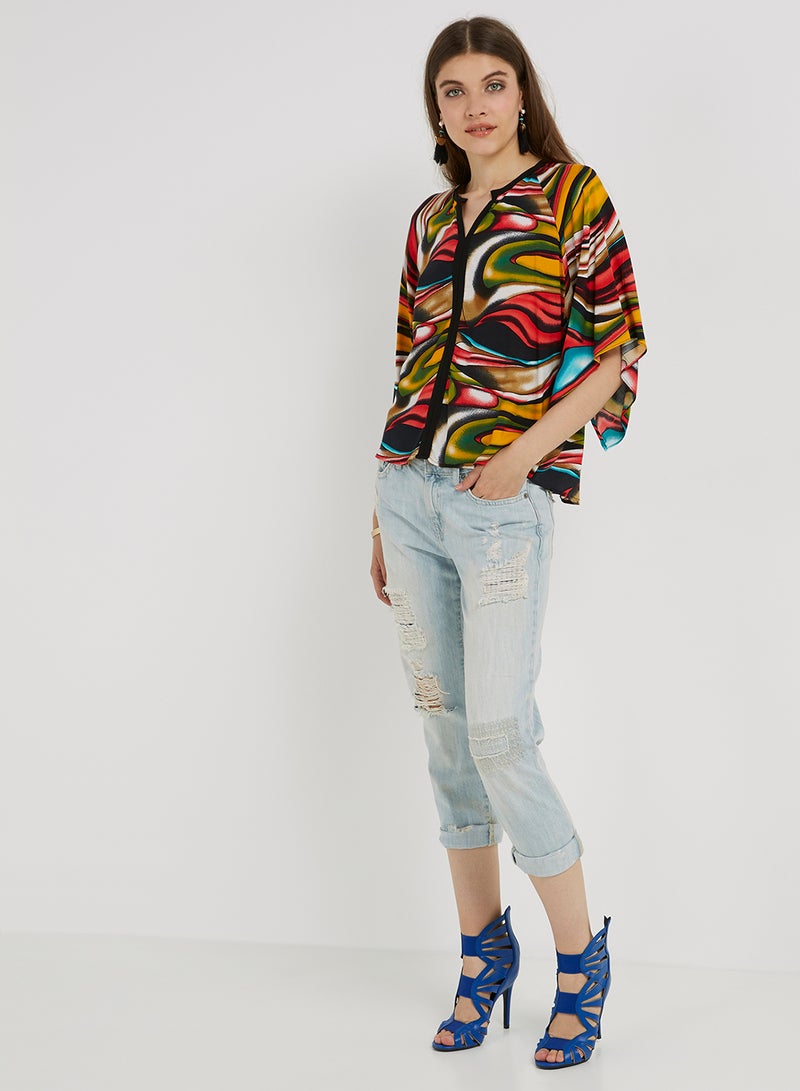 Golden Apple Printed Batwing Sleeves Top Multicolour  - Image 3