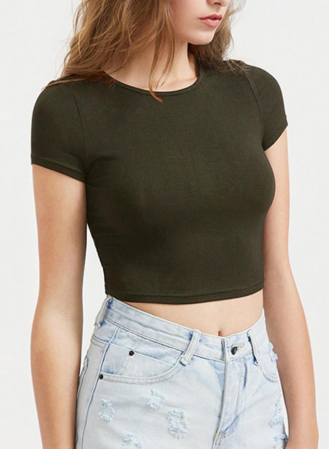 Bluelans Solid Round Neck Short Sleeve Crop Top Olive Green - Image 1