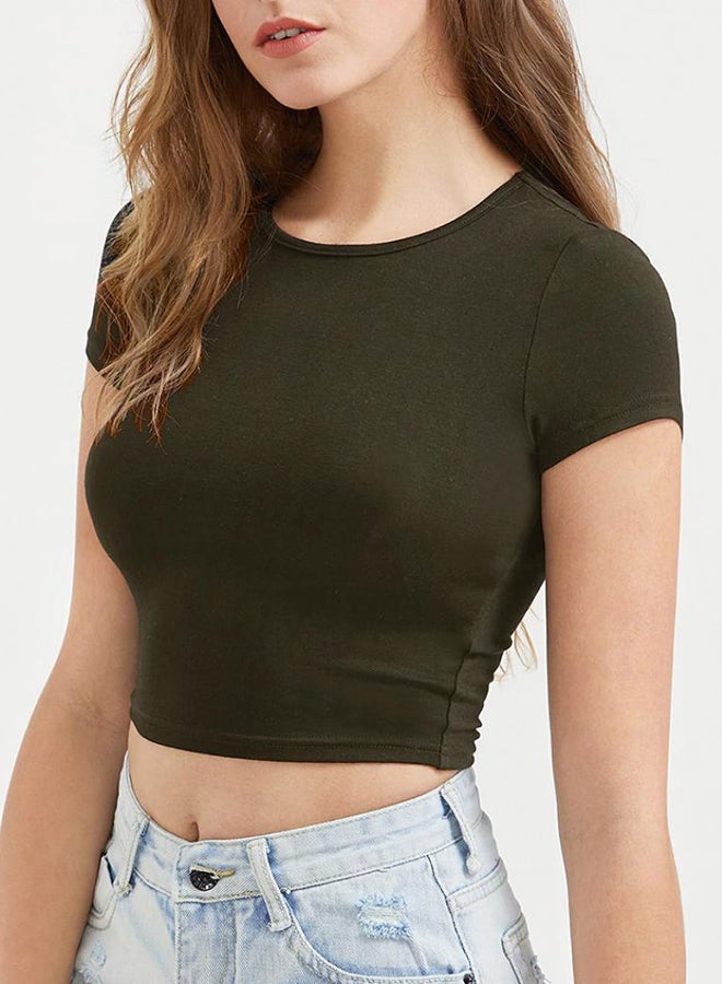 Bluelans Solid Round Neck Short Sleeve Crop Top Olive Green - Image 3