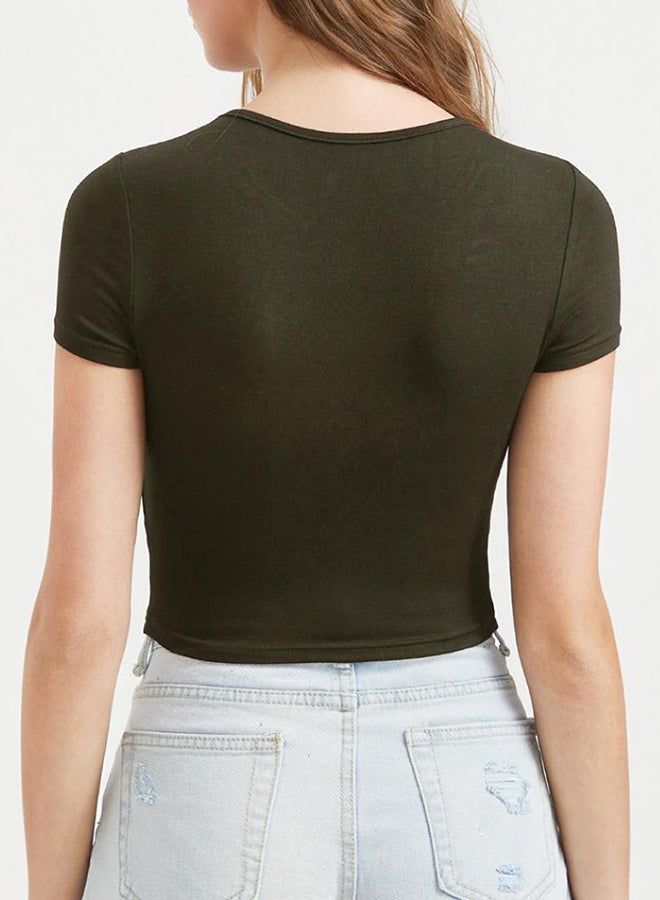 Bluelans Solid Round Neck Short Sleeve Crop Top Olive Green - Image 2