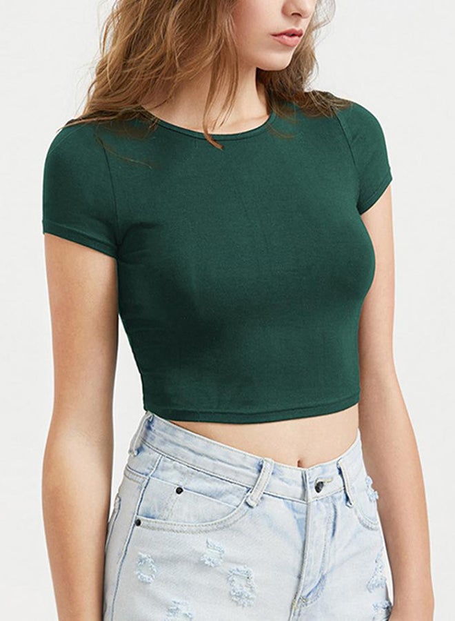 بلولانز بلوزة كاجوال بأكمام قصيرة ونقشة سادة أخضر غامق - Image 1