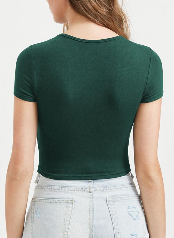 بلولانز بلوزة كاجوال بأكمام قصيرة ونقشة سادة أخضر غامق - Image 2