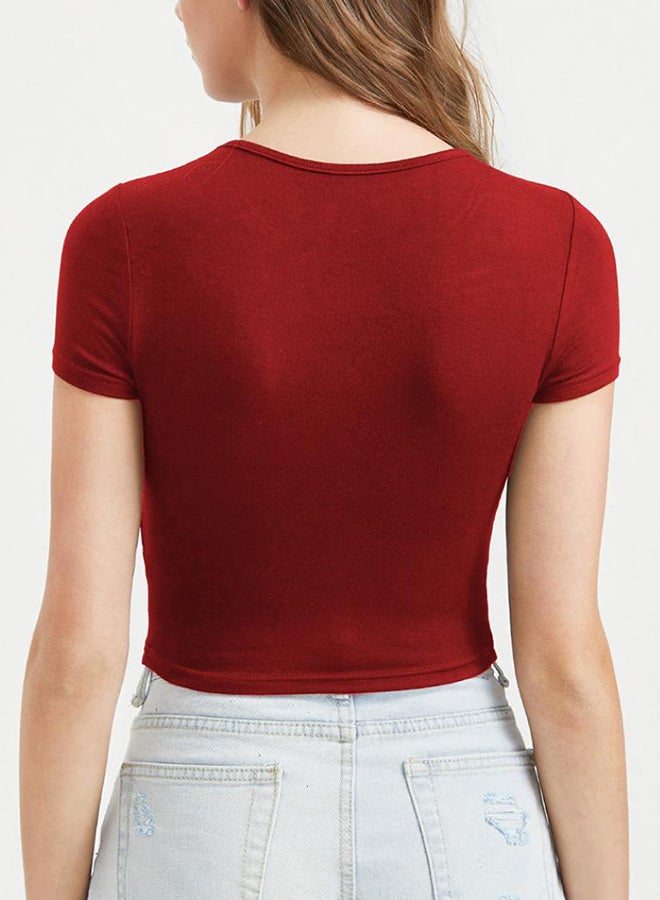 بلولانز بلوزة قصيرة سادة بكم قصير ورقبة دائرية أحمر - Image 2